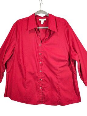 Dressbarn Womens Plus Size Red Button-Up Shirt 22/24W career office Bold Red